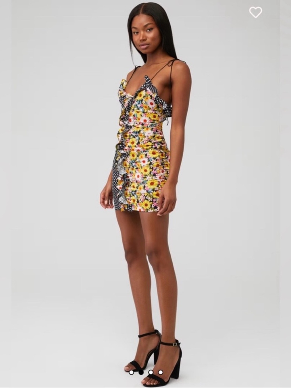 For Love & Lemons Yellow Floral Mini Dress with Black Polka Trim